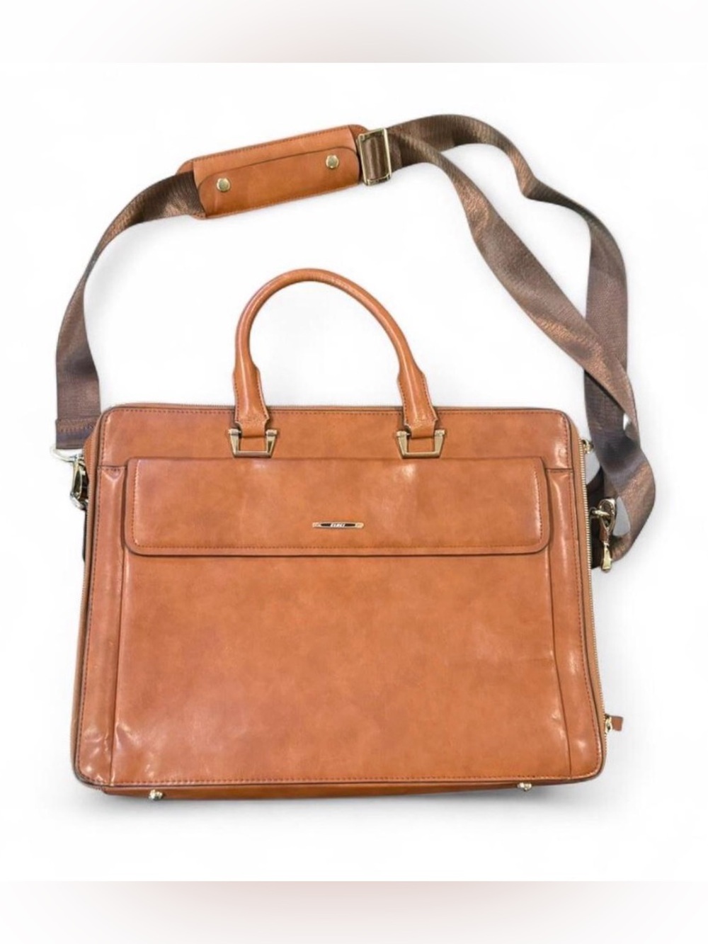 CLUCI Tan Leather Briefcase Laptop Bag Crossbody Work Tote Like New Minimalism
